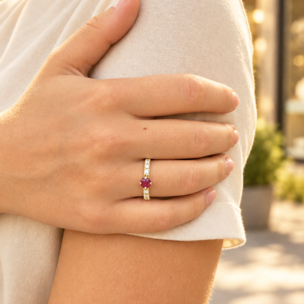 zlaty prsten s rubinem a diamanty 015593